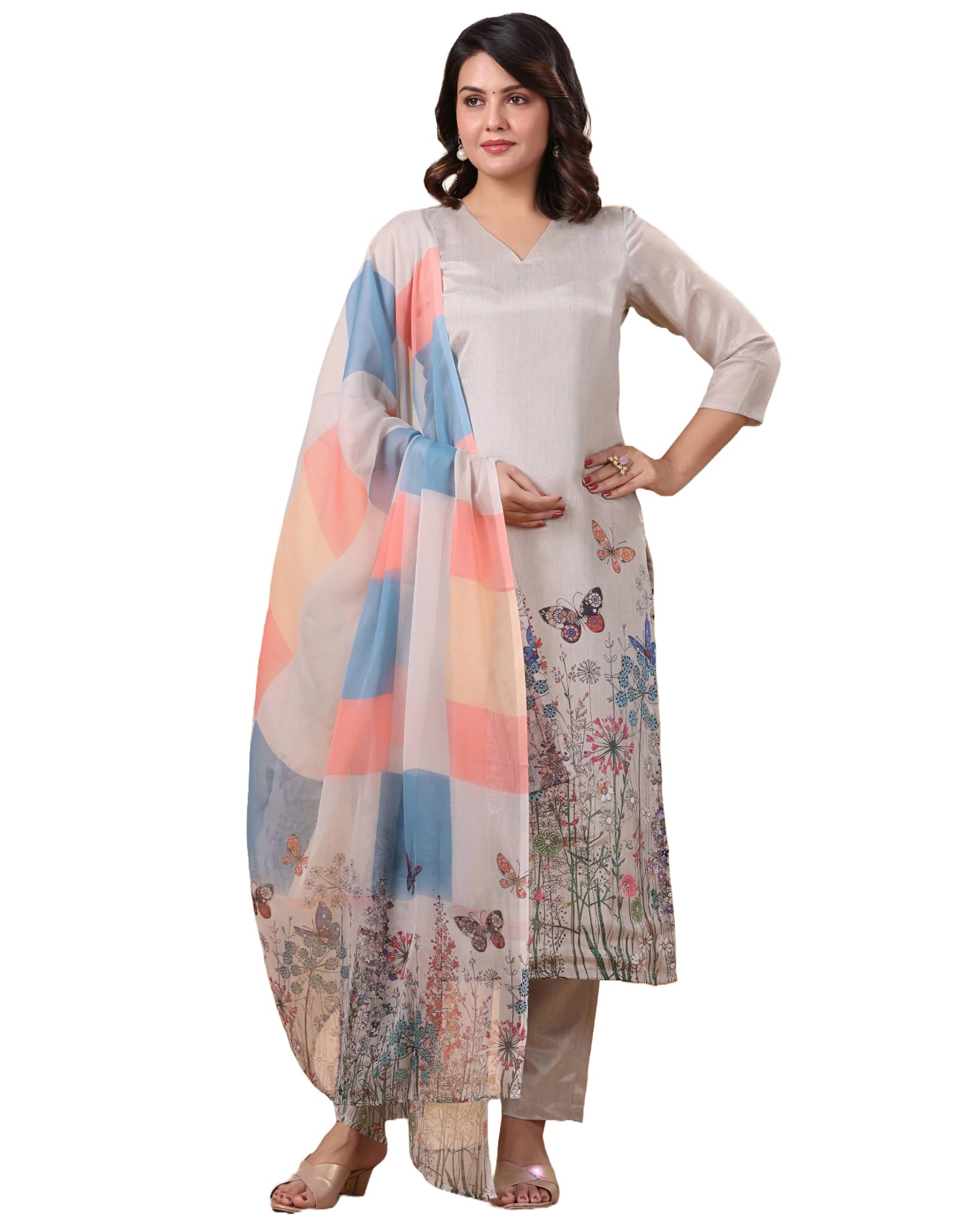Anni Designer Women'S Cotton Blend Printed Straight Kurta With Pant & Dupatta (Rml Beige_M_Beige_Medium),Beige,M