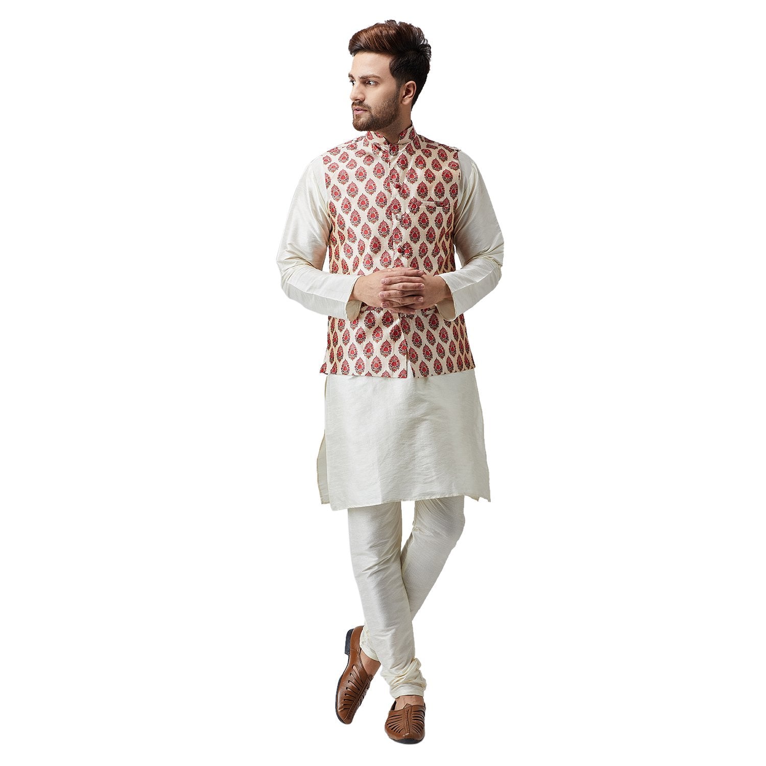 Sojanya (Since 1958, Men'S Silk Blend Maroon Printed Only Nehru Jacket, Size: L