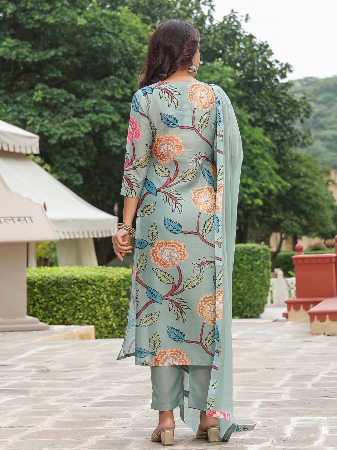 Anni Designer Women'S Cotton Blend Straight Printed Kurta With Pant & Dupatta (Twig Pista_5Xl_Pista_Xxxxx-Large),Pista,5XL,Cotton Blend,Regular,