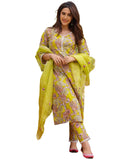 Anni Designer Women'S Cotton Blend Printed Straight Kurta With Pant & Dupatta (Moriya Yellow_S_Yellow_Small),Yellow,S