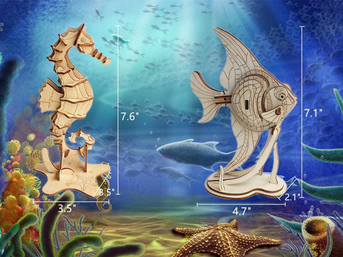 3D Wooden Sea Animal Puzzle - 6 Piece Set Wood Sea Animals Skeleton Assembly Model Kits - Wooden Crafts DIY Brain Teaser Puzzle