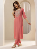 Libas Gerua Womens Embroidered Silk Blend Straight Kurta With Trousers And Dupatta Peach S