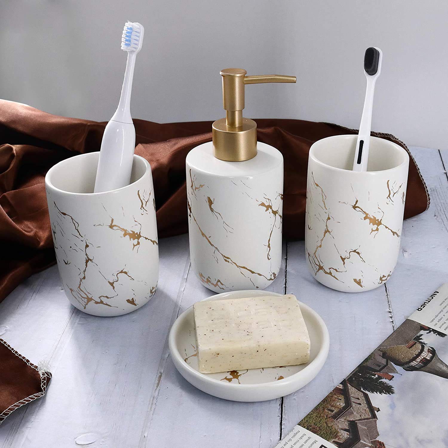 Qulable Cream Bathroom Accessories Set Complete, 4 Pcs Ceramic Bathroom Decorations Accessories Sets Includes Lotion Dispenser,