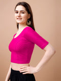 Pujia Mills Women'S Readymade Dobby Cotton Lycra Stretchable Round Neck Half Sleeve Blouse Fancy Pink Color Lycra Stretchable Blouse For Women Stylish Readymade Saree Blouse Pink L