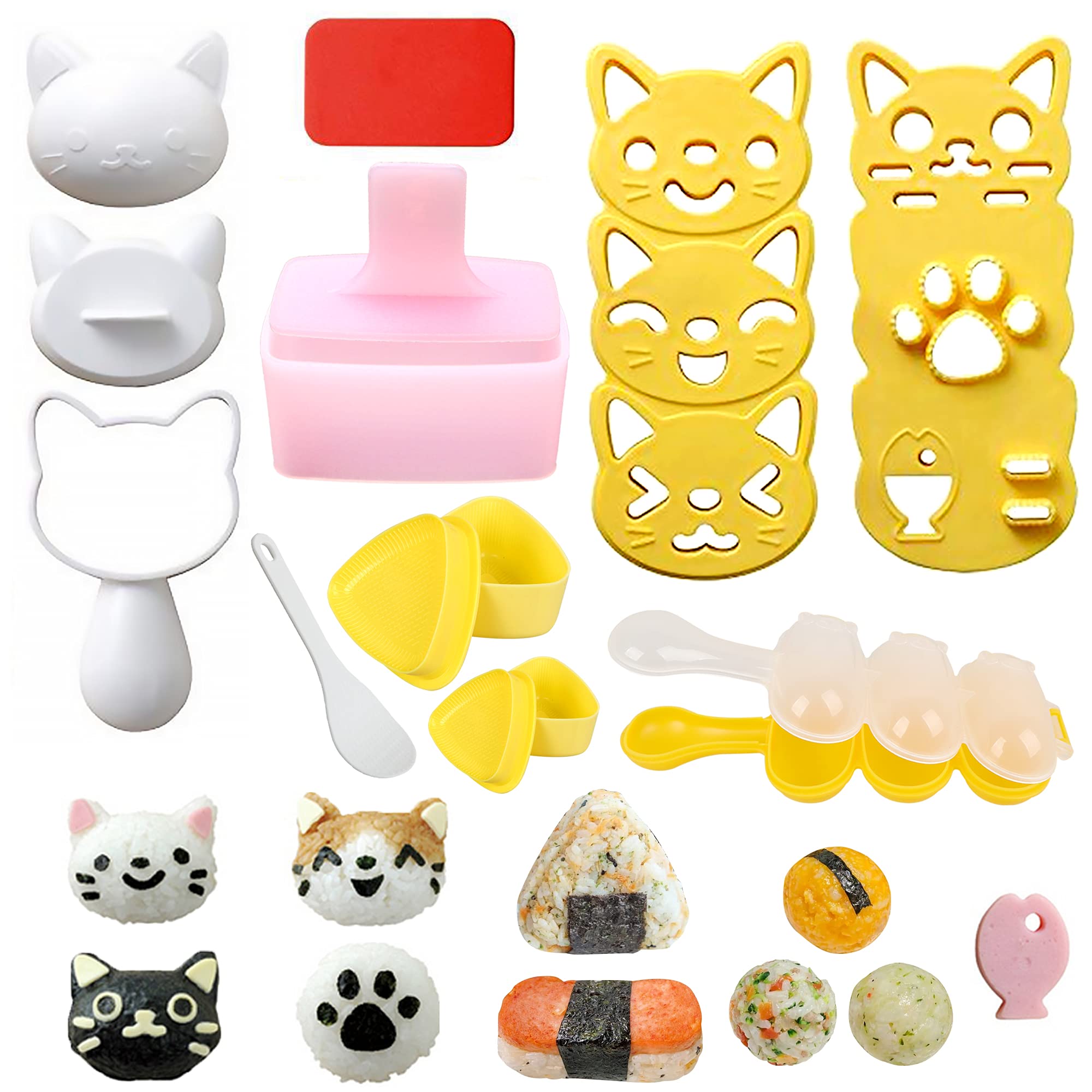 Cute Cat Rice Ball Molds 6 Sets Sushi Molds Bento Box Accessories Kits with 1PC Musubi Maker Press Mold, 2PCS Gimbap Molds Trian