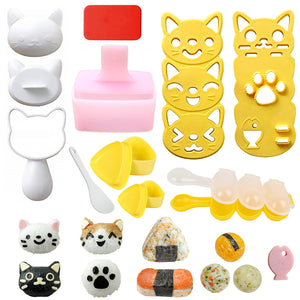 Cute Cat Rice Ball Molds 6 Sets Sushi Molds Bento Box Accessories Kits with 1PC Musubi Maker Press Mold, 2PCS Gimbap Molds Trian