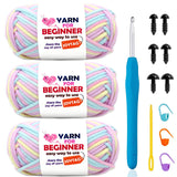 3 Pack Beginners Crochet Yarn Pink Purple Blue Yellow Cotton Crochet Yarn for Crocheting Knitting Beginners with Easy-to-See Sti
