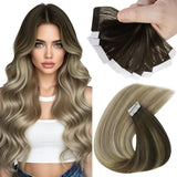 Sunny Hair Tape in Hair Extensions Real Human Hair Invisible Remy Hair Extensions Tape ins for Women Dark Brown Balayage Dark Go