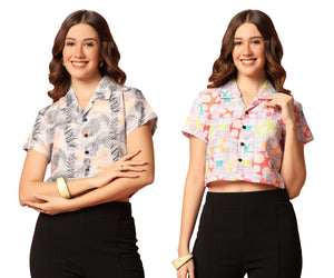 Toplot Women'S Casual Printed Crop Shirt With Half Sleeve Pack Of 2 (Combo-5059-Mlt-Tre-Xs),Multi-Tree,,B0CFTXS3ZS