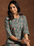 Libas Womens Printed Cotton A-Line Kurta With Trousers Blue S