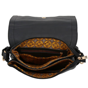 ALYSSA Double Compartment Large Flapover Crossbody Bag (Black)