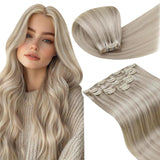 LaaVoo Clip in Hair Extensions Ash Blonde Highlight Real Hair Extensions Clip ins 20 Inch 7Pieces 120g