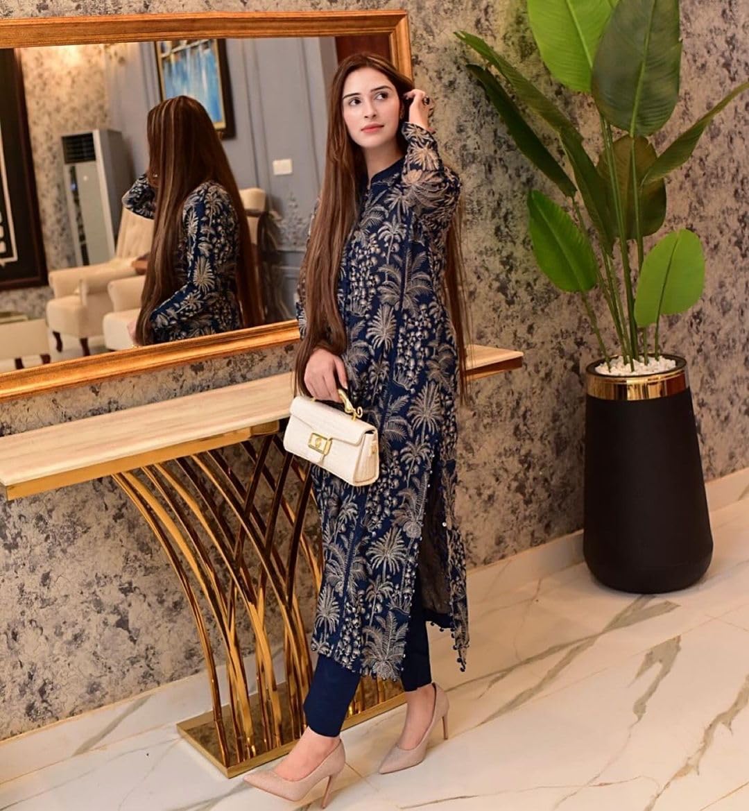 Anni Designer Women'S Rayon Blend Floral Straight Kurta With Palazzo (Lahori Blue,Blue,M,Rayon Blend,Regular,