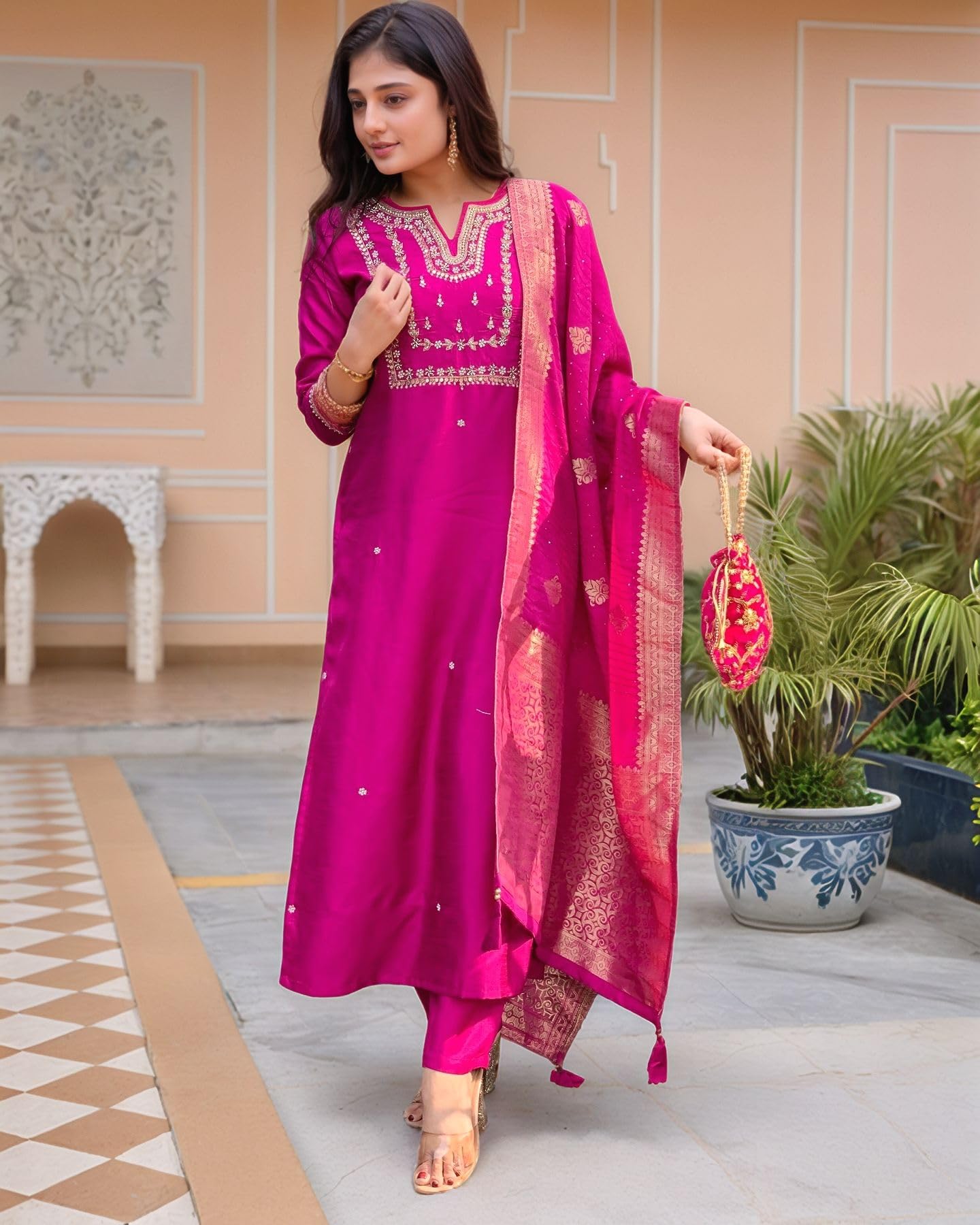Anni Designer Women'S Silk Blend Straight Embroidered Kurta With Pant & Dupatta (Manushi Pink-Vks05_Xl_Pink_X-Large),Pink,XL,Rayon,Regular,