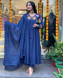 Anni Designer Women'S Rayon Viscose Anarkali Printed Kurta With Pant & Dupatta (Jisma Blue_M_Blue_Medium),Blue,M,,,