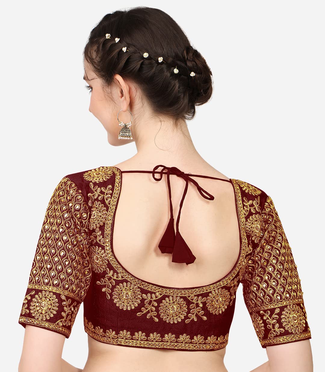 Vihu Fashion Women'S Multicolor Heavy Hand Morpankh Sleeves Embroidery Thread Stone Work Phantom Silk Readymade Blouse For Saree And Lehenga Choli (Maroon, 38)