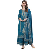 Ishin Women'S Cotton Embroidered A-Line Kurta Suit Set With Dupatta & Sharara Xykplpmmp-3017D_L_Teal