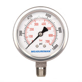 MEASUREMAN 2-1/2 dial,Glycerin Filled Hydraulics Pressure Gauge Stainless Steel case, 316 SS Wetted Part, 0-10000psi/bar1/4 NPT,