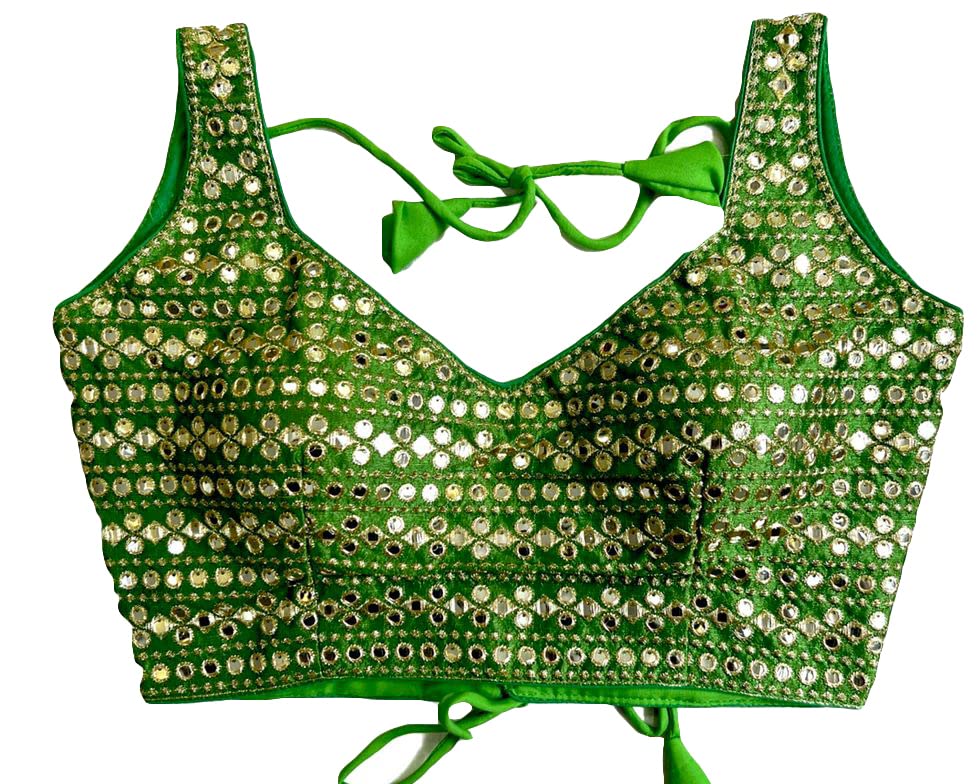 Vihu Fashion Womens Readymade Sweetheart Neck Sleeveless Mirror Saree Blouse.(Paper Foil Light Green_38)