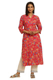 W for Woman Women's Cotton Floral Regular Kurta (24FEW10751-123513_Rose Red