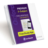 Oxford Spiral Notebook with Free Study App, 3 Subject, College Ruled, Ultra Smooth Paper, No Ink BleedThrough, Strong Poly Whit