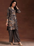 Libas Womens Printed Silk Blend Straight Kurta With Palazzos Blue S 36765O