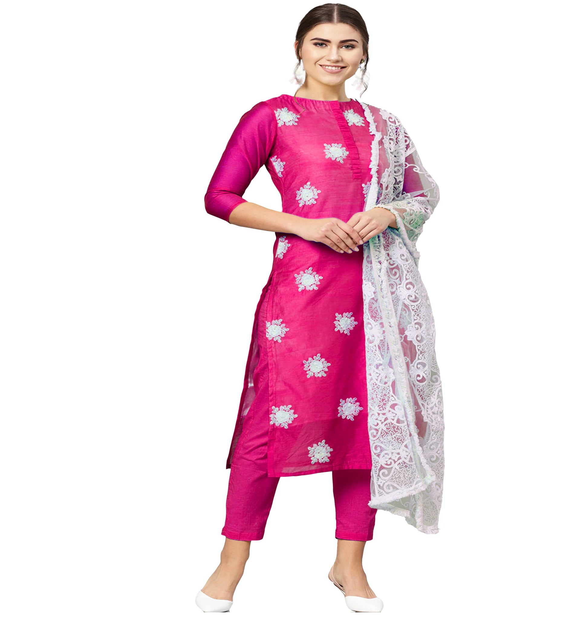 Anni Designer Women'S Ruby Cotton Straight Embroidery Kurti With Pant & Dupatta Set (White-Show Pink_Xxl Pink_Xx-Large),Pink,2XL