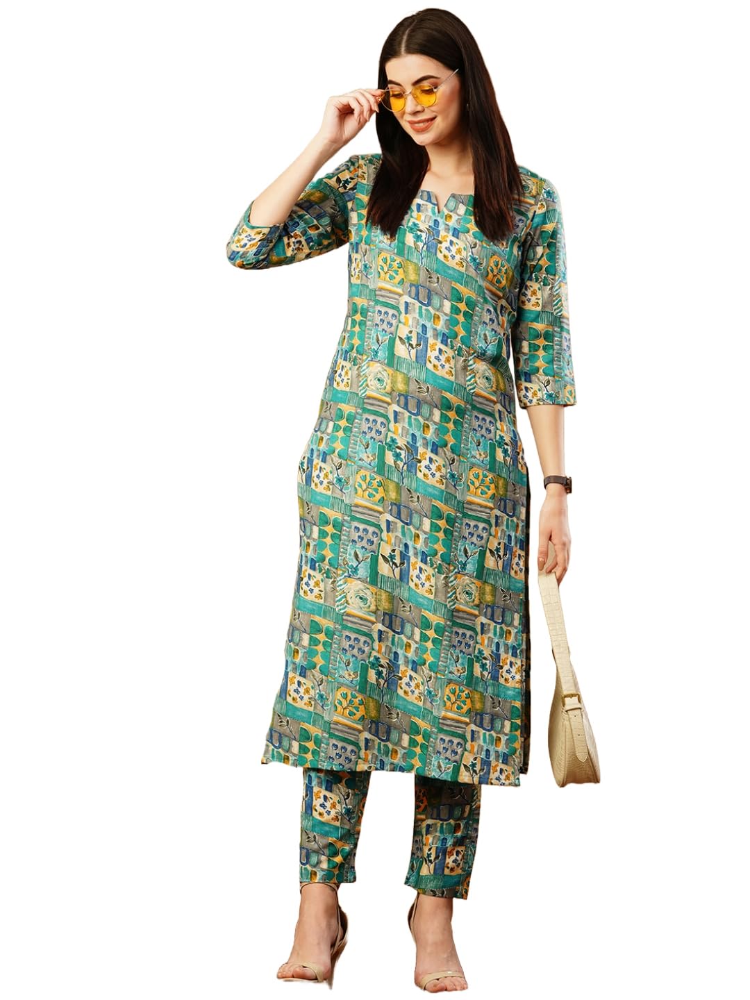 Anni Designer Women'S Cotton Blend Straight Printed Kurta With Pant (Ing 10 Blue_Xxl_Blue_Xx-Large),Blue,2XL