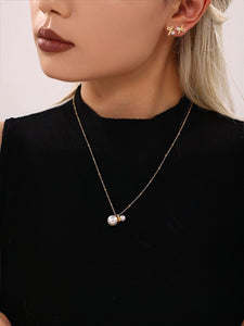 Gold Chain Necklace with Shell Pearls & Zircon Accents 16.5''+1.9'' Adjustable Stainless Steel Elegant Gift for Women