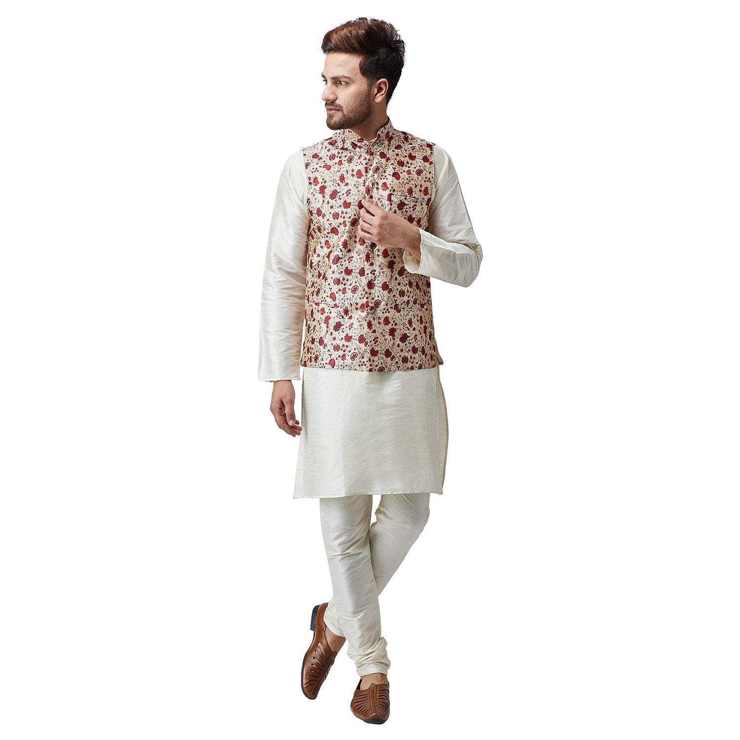 Sojanya (Since 1958, Men'S Silk Blend Red Printed Only Nehru Jacket, Size: M