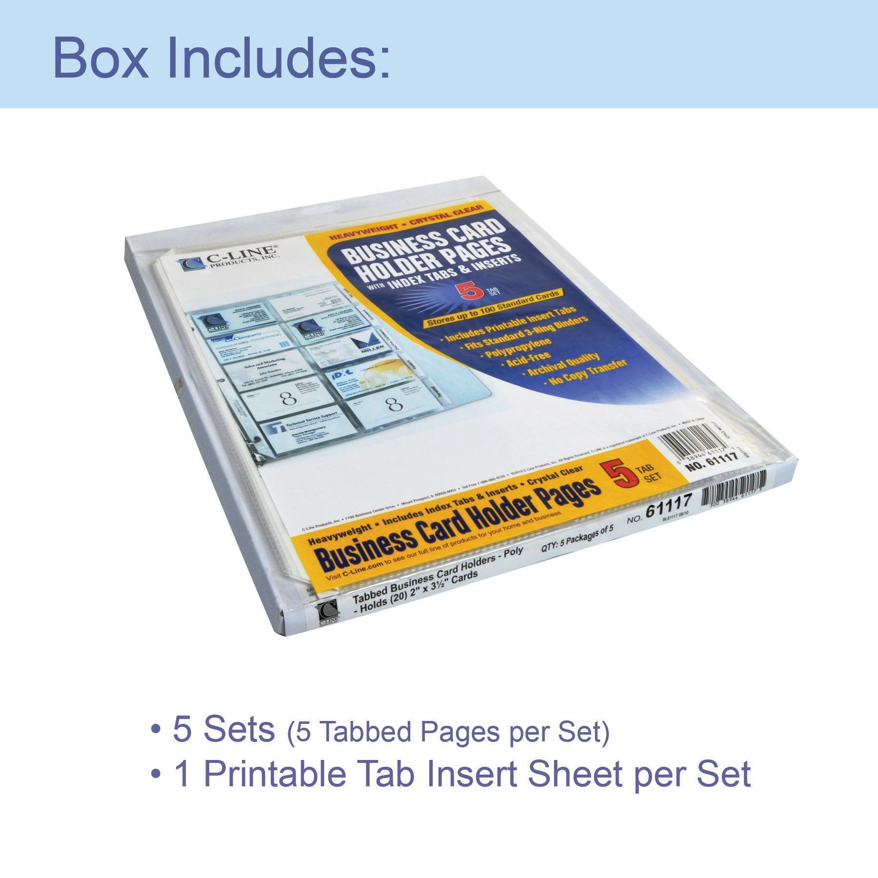 C-Line Business Card Holder Pages, Poly With Tabs/Inserts, 20 Cards/Page, 11 X 9 Inches, 5 Sets Of 5 Pages (61117-5)