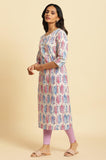 W Ecru Paisley Printed Cotton Straight-Long Kurta For Women Ecru 3Xl