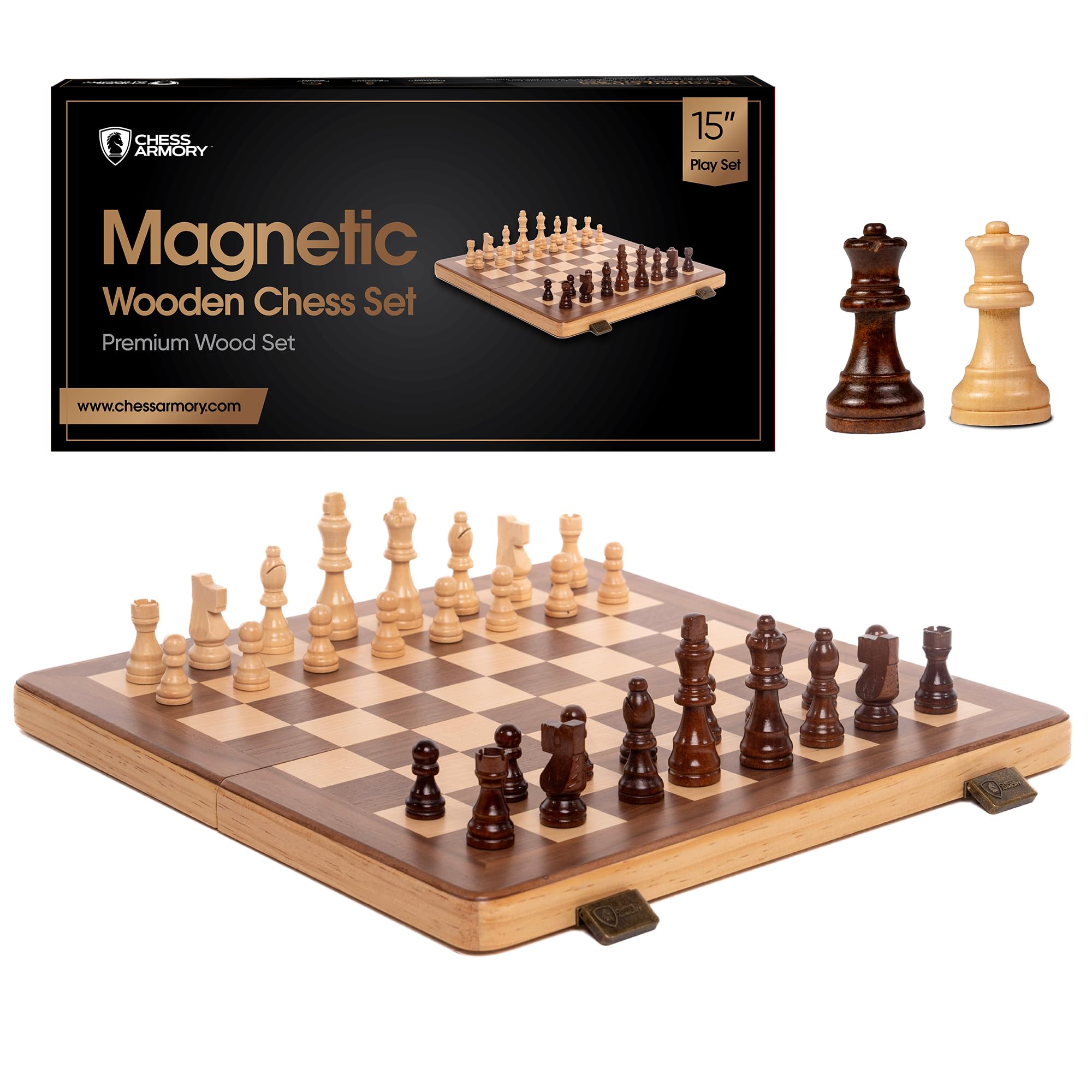 15 Inch Magnetic Wooden Chess Set for Adults & Kids - Folding Travel Chess Board with Handcrafted Staunton Pieces, Extra Queens,