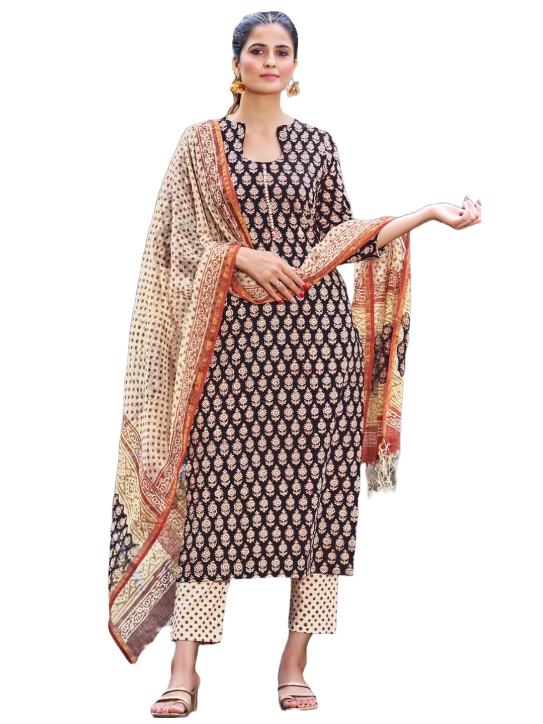 Gosriki Women'S Cotton Blend Straight Printed Kurta With Pant & Dupatta (Nayantara Black-Nrw-Gs_Xxl_Black_Xx-Large),Black,2,B0CCL4FGLC