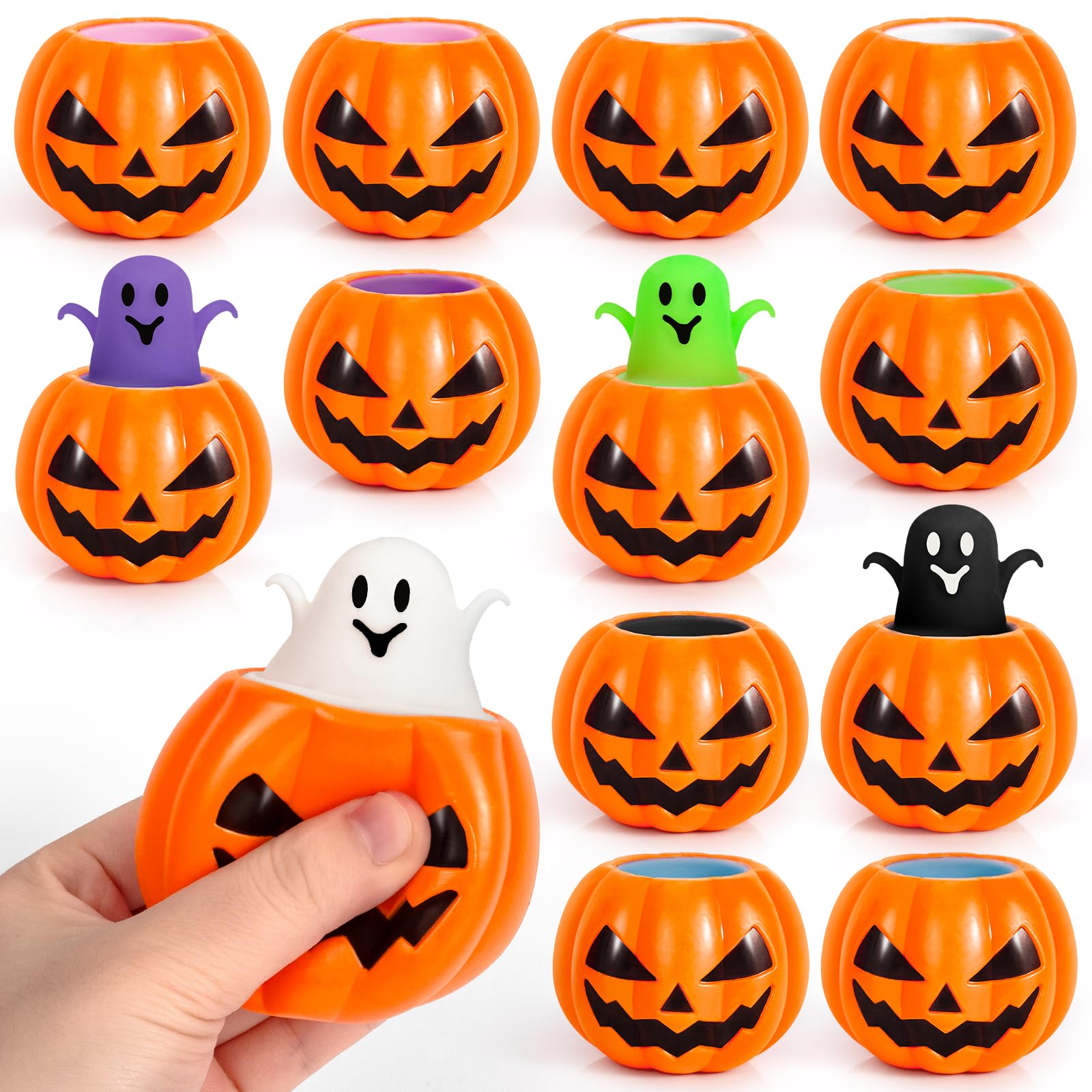Halloween Party Favors for Kids, 12 Pcs Halloween Pumpkin Squishy Toys, 6 Colors Squeeze Ghost Toy for Trick or Treat Party Supp