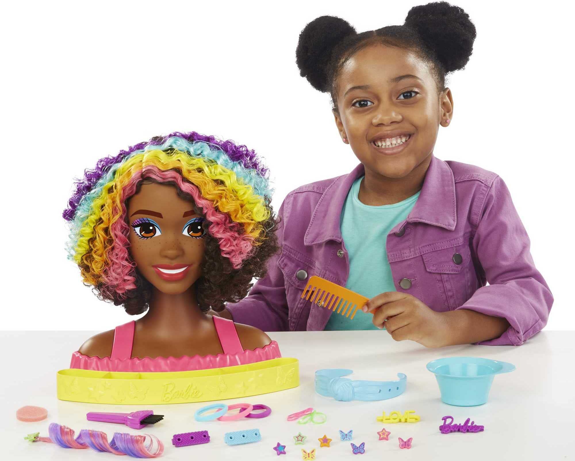 Barbie Totally Hair Styling Doll Head & 20+ Accessories, Color Reveal & Color-Change Pieces, Curly Brown Neon Rainbow Hair