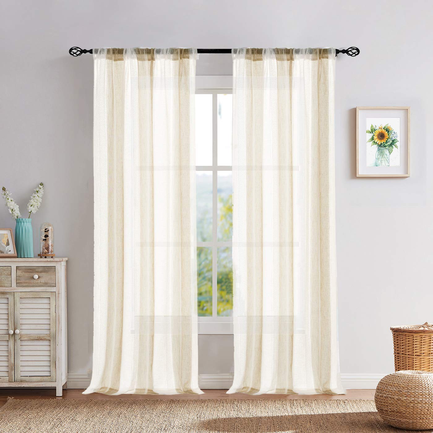 Central Park Sheer Beige and White Stripe Farmhouse Curtains Boucle Linen Window Curtain Panel Pairs Yarn Dyed Woven 108 Inches 