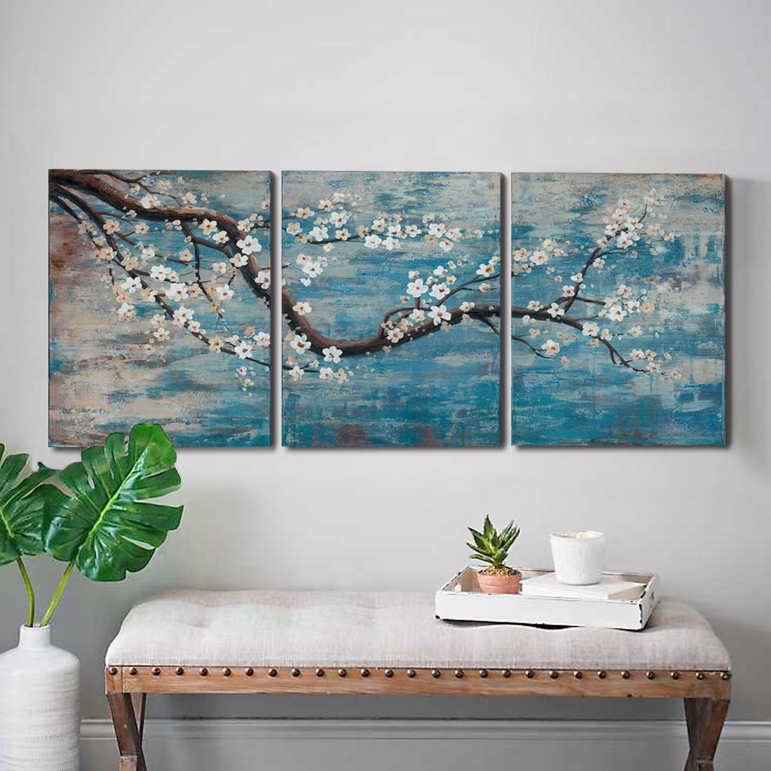 Amatop 3 Piece Wall Art Hand-Painted Framed Flower Oil Painting On Canvas Gallery Wrapped Modern Floral Artwork For Living Room 