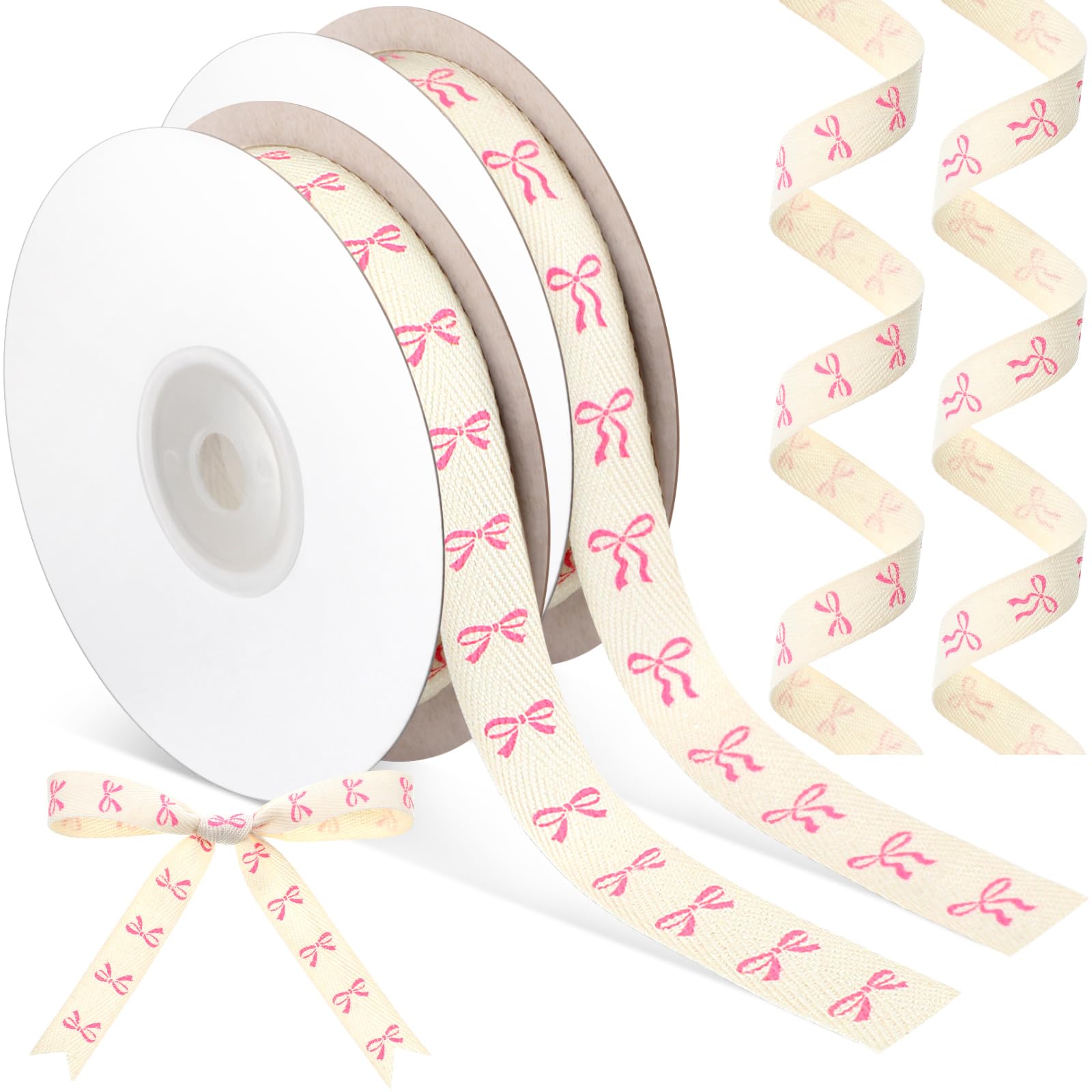 Wavwavw 20 Yards Cotton Pink Bow Ribbon, 5/8 Inch White Pink Coquette Bow Pattern 100% Cotton Herringbone Twill Ribbon for Gift 
