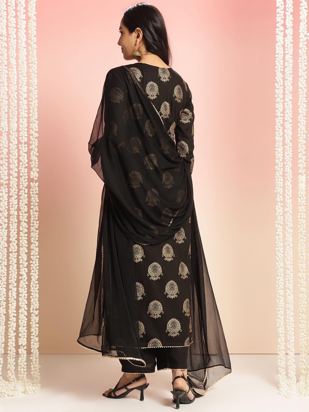 Anni Designer Women'S Rayon Blend Printed Straight Kurta With Pant & Dupatta (Jubal Black_S_Black_Small),Black,S,Rayon Blend,Classic,