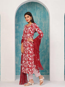 Gosriki Women'S Cotton Blend Straight Printed Kurta With Pant & Dupatta (Mei Red-Nd-Gs_3Xl_Red_Xxx-Large),Red,3,B0D4J7NJTH