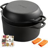 Overmont 2-in-1 Cast Iron Dutch Oven - 7QT Pre-Seasoned All-in-One Casserole Braising Pan with Skillet Lid Cookbook & Silicone H