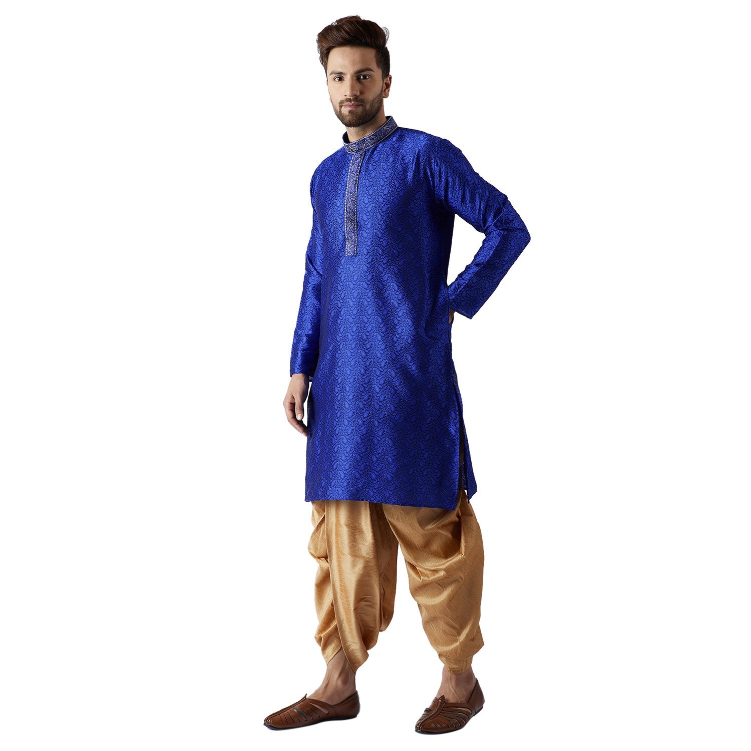 Sojanya (Since 1958, Men'S Blue & Gold Silk Blend Kurta & Dhoti Set, Size: Xl