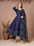 Anni Designer Women'S Rayon Blend Printed Anarkali Kurta With Pant & Dupatta (Varuna Navy_L_Navy Blue_Large),NAVY,L,Rayon Blend,Anarkali,