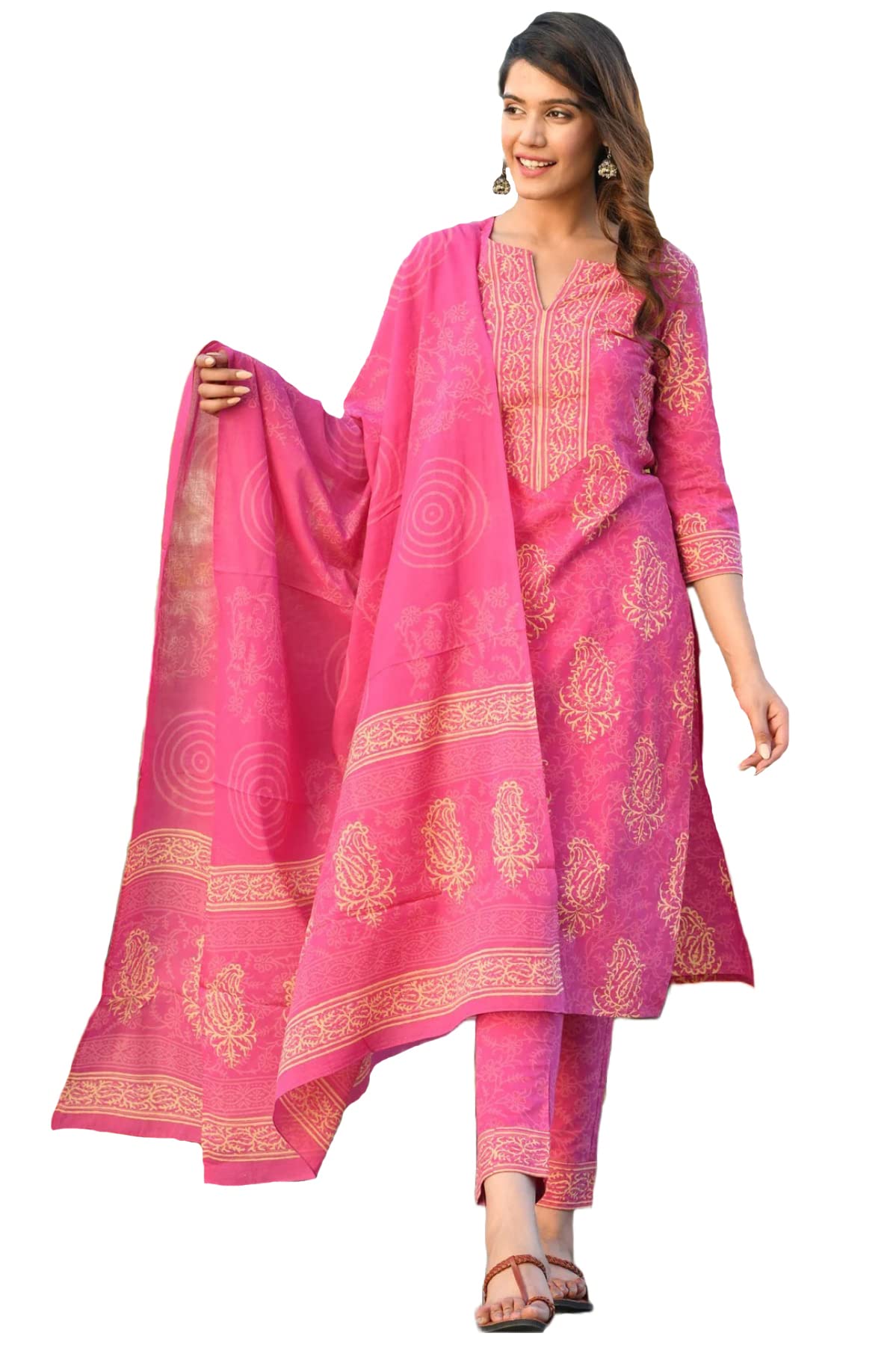 Anni Designer Women'S Rayon Blend Straight Printed Kurta With Pant & Dupatta (Open-Pink_S_Pink_Small),Pink,S