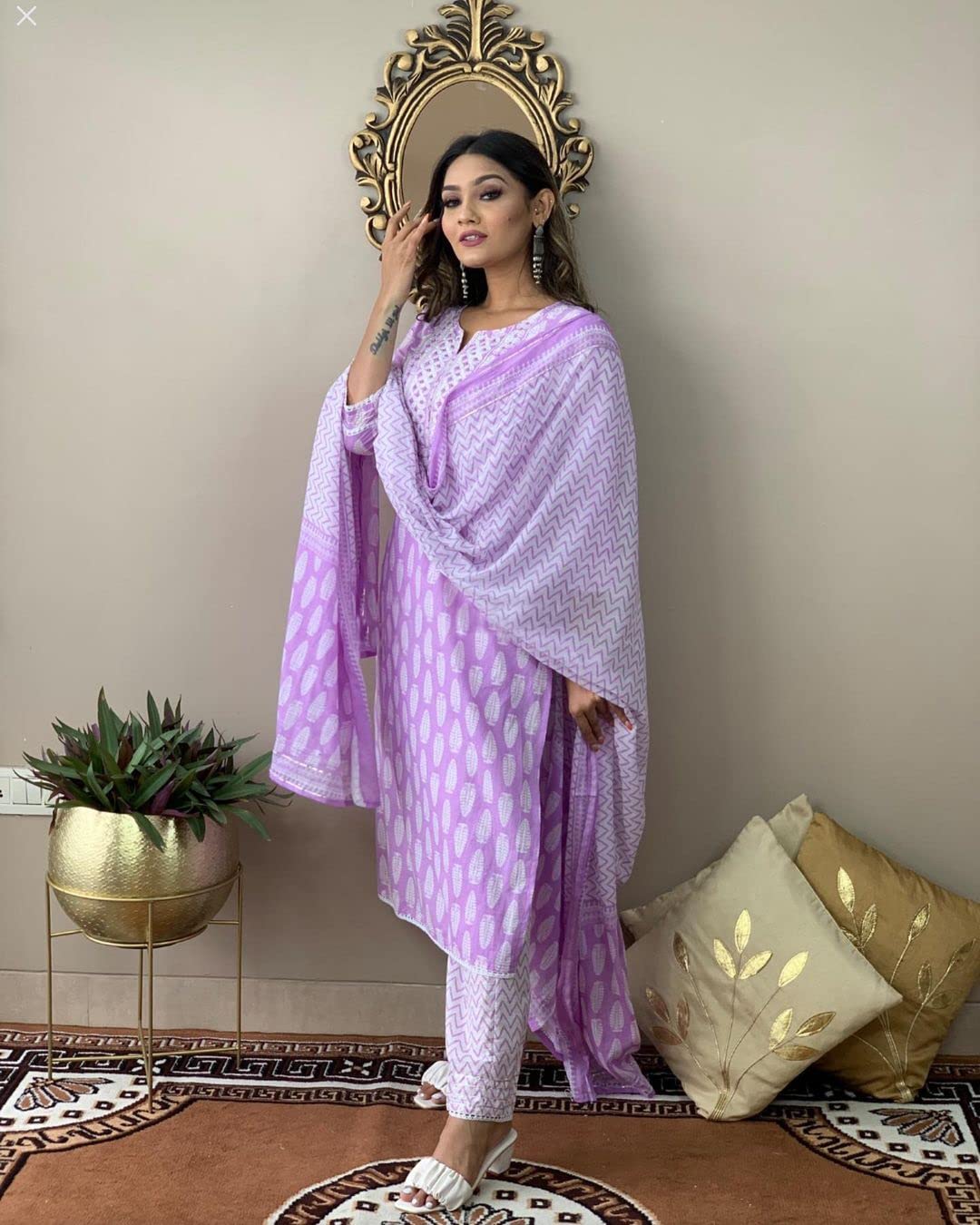 Anni Designer Women'S Cotton Blend Straight Printed Kurta With Pant & Dupatta (Baiyaan Purple_4Xl_Purple_Xxxx-Large),Purple,4XL,Cotton Blend,Regular,