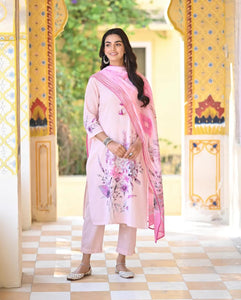 Gosriki Women'S Cotton Blend Printed Straight Kurta With Pant & Dupatta (Durjan Pink-Nw-Gs_S_Pink_Small),Pink,,B0D295FFTY