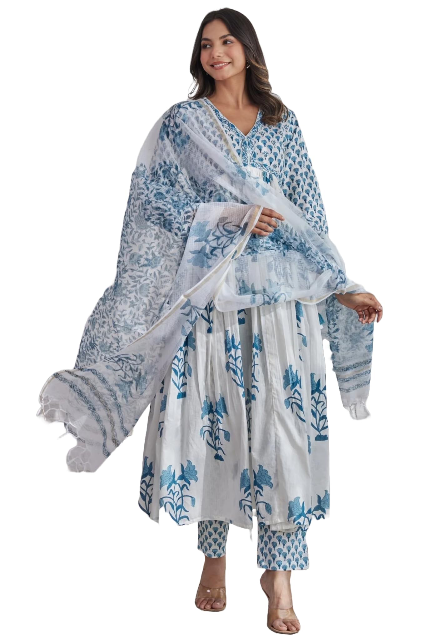 Anni Designer Women'S Rayon Blend Printed Anarkali Kurta With Pant & Dupatta (Betul White_4Xl_White_Xxxx-Large),White,4XL