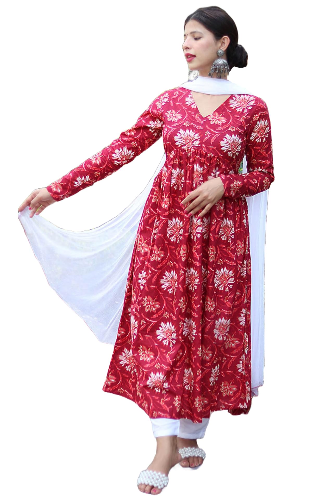 Gosriki Women'S Cotton Blend Anarkali Printed Kurta With Pant & Dupatta (Vanmati Red-Nw-Gs_L_Red_Large),Red,,B0D5VK8WD3