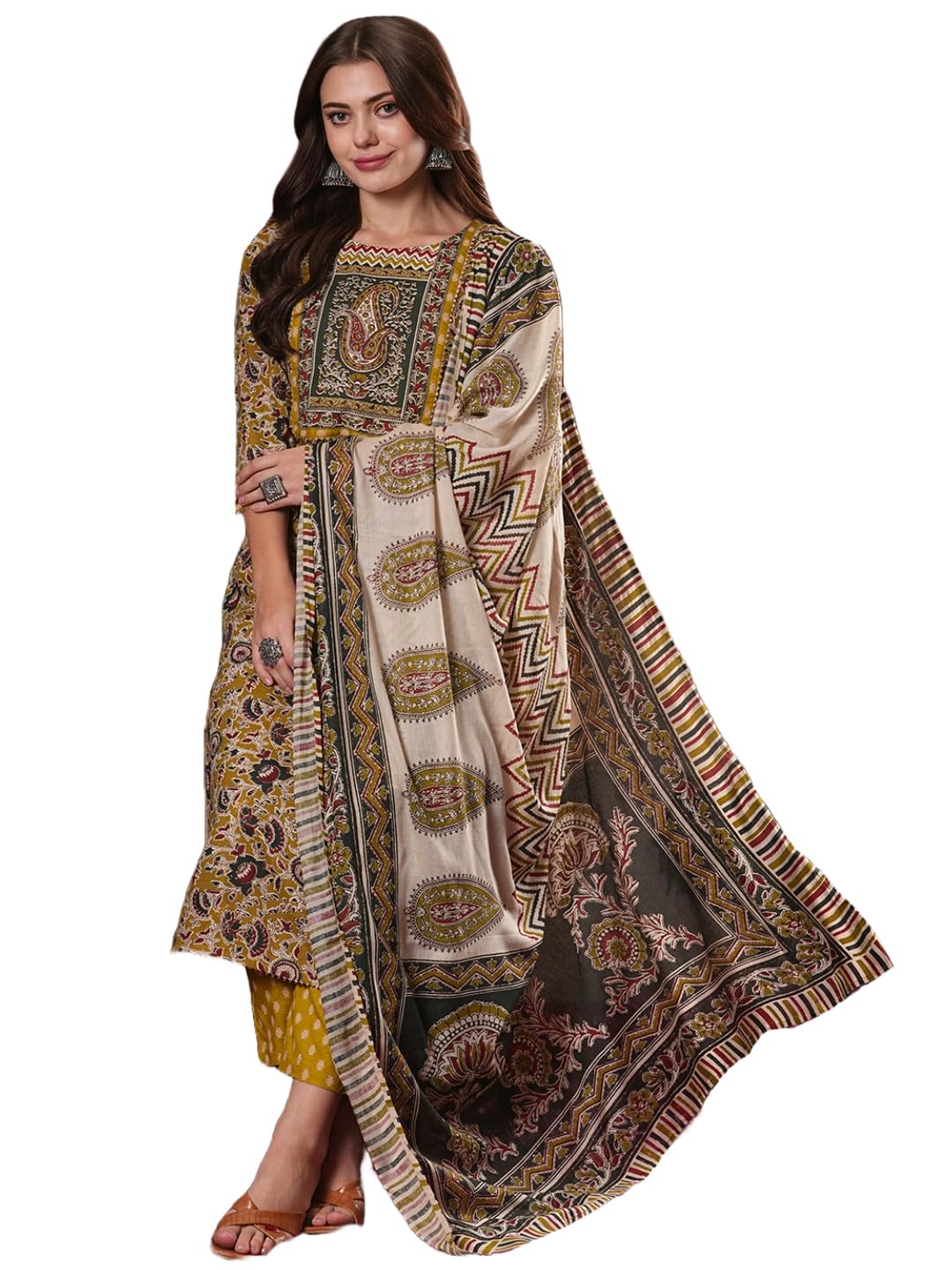 Anni Designer Women'S Cotton Blend Straight Printed Kurta With Pant & Dupatta (Mridul Mustard_S_Mustard_Small),Mustard,S,,,